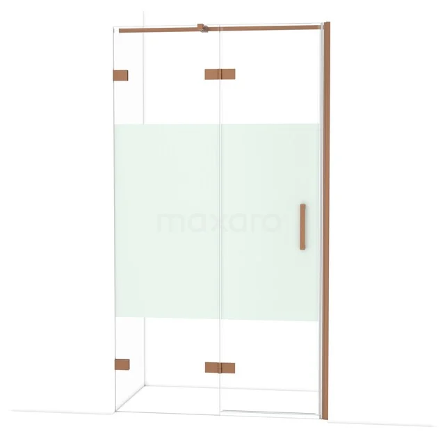 Diamond Shower door | 110 cm Copper Clear with matt strip Pivot door DDB21652323KP Glazen douchewand met mat middensegment, koperkleurige profielen en scharnieren, ideaal voor een stijlvolle badkamer.