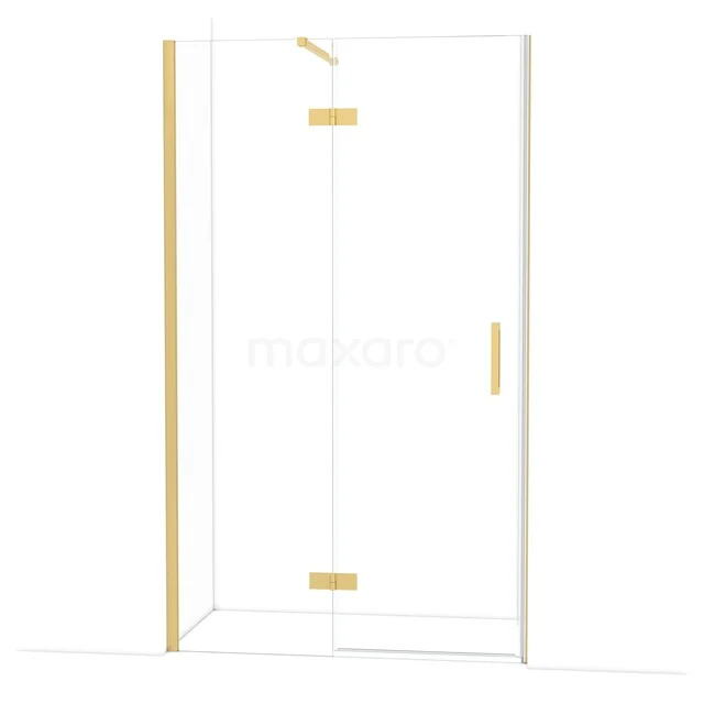 Glazen douchecabine met gouden accenten, stijlvolle hoekopstelling en minimalistisch design voor een luxe badkamer.