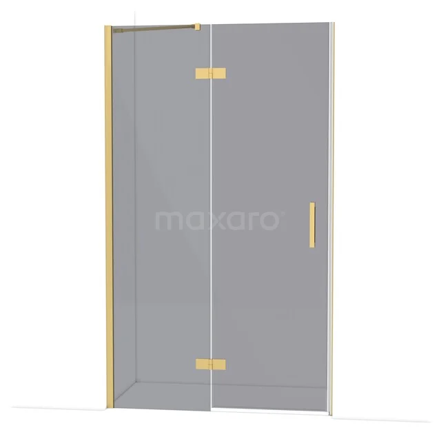 Glass shower door with gold-coloured hinges and handle, ideal for a luxury bathroom style.