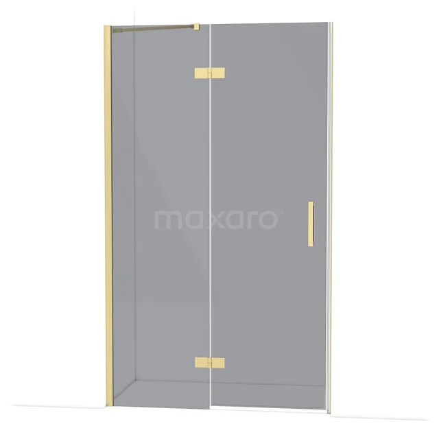 Glazen douchedeur met goudkleurige scharnieren en handgreep, strak design voor een moderne badkamer.