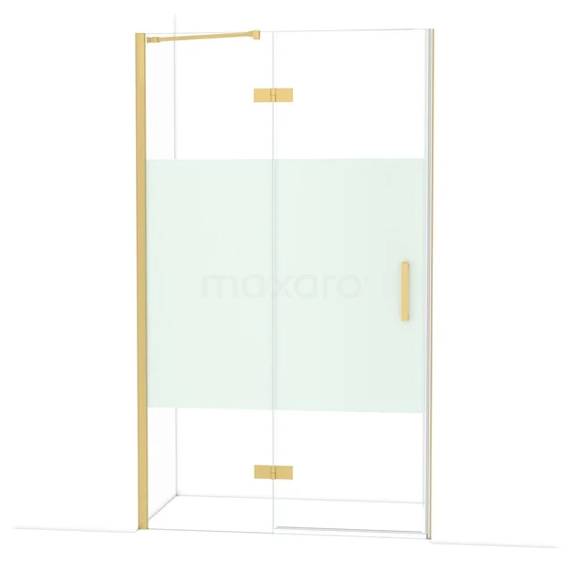 Glas Duschwand mit goldfarbenem Rahmen, satiniertes Glasdetail, elegantes Design und luxuriöse Ausstrahlung für ein stilvolles Badezimmer.