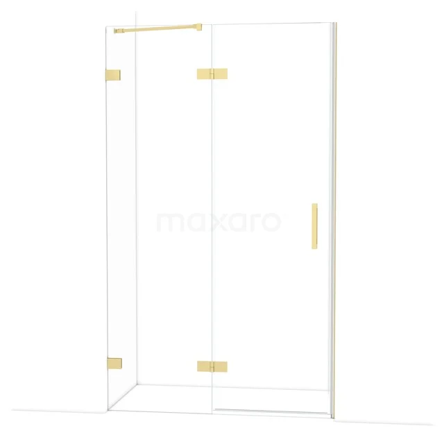 Glas Duschkabine mit goldfarbenen Scharnieren und Haltegriff, geeignet für luxuriöse Badezimmergestaltung.