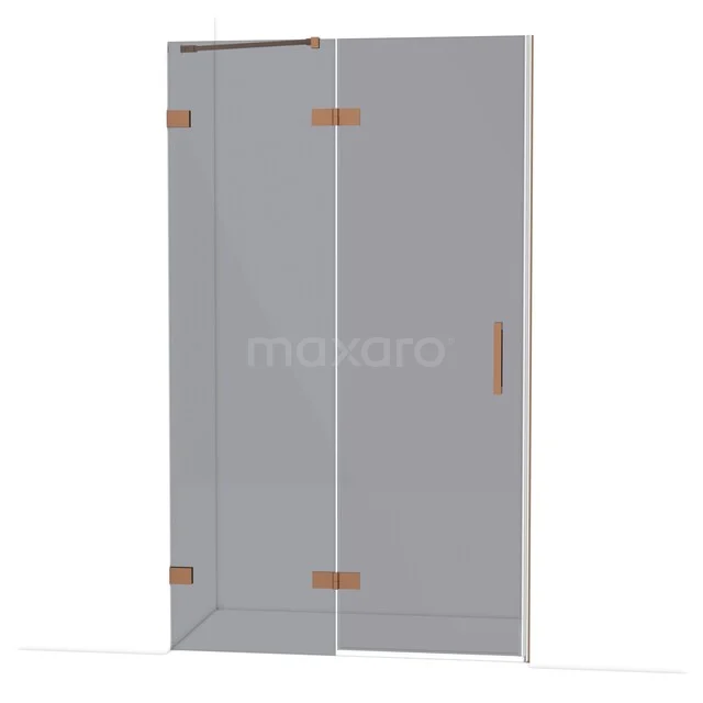Glass shower wall, corner model, transparent, with metal hinges and handle; ideal for a modern bathroom.