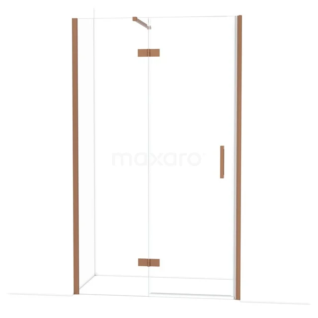 Glazen douchecabine met houten accenten, hoekmodel, helder glas, ideaal voor een moderne badkamerinrichting.