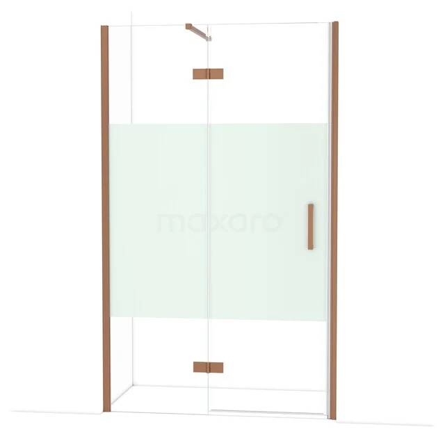 Glazen douchecabine met koperkleurige accenten, matglasstrook en draaideur, stijlvol ontwerp voor moderne badkamers.