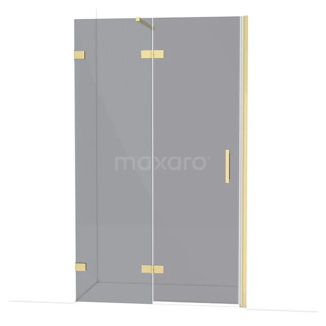 Glass shower door with gold accents, modern design, ideal for stylish bathroom renovation.