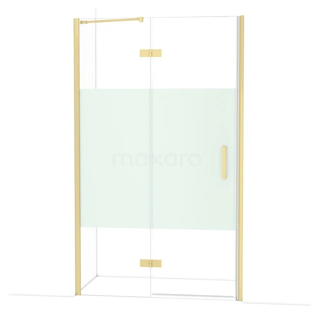 Diamond Shower door | 120 cm Light gold Clear with matt strip Pivot door DDB21662213LG Douchedeur met goudkleurige accenten, helder glas en mat wit paneel, ideaal voor een luxe badkamerstijl.