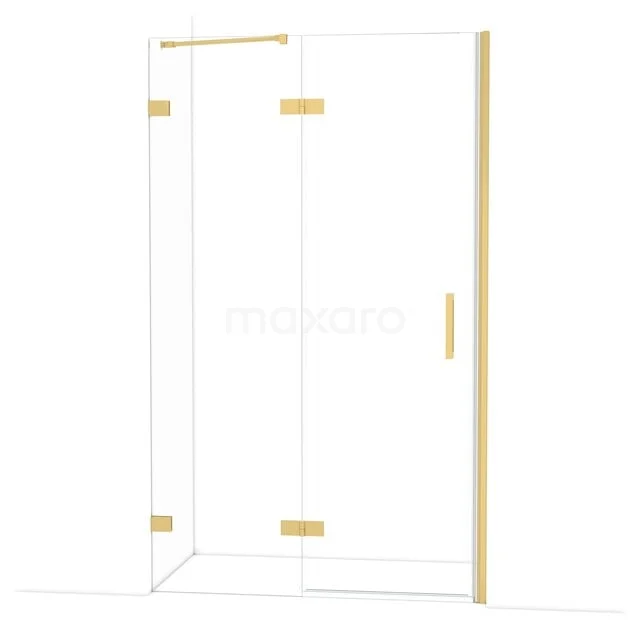 Glasdouchedeur mit goldfarbenen Scharnieren und Haltegriff, modernes Design für ein luxuriöses Badezimmer.