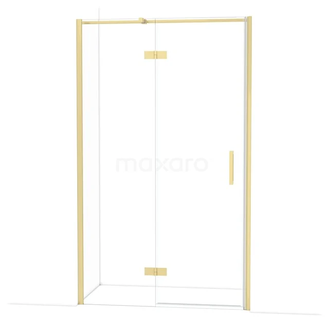 Gouden douchecabine met glazen deuren, strak ontwerp, ideaal voor een moderne badkamer.