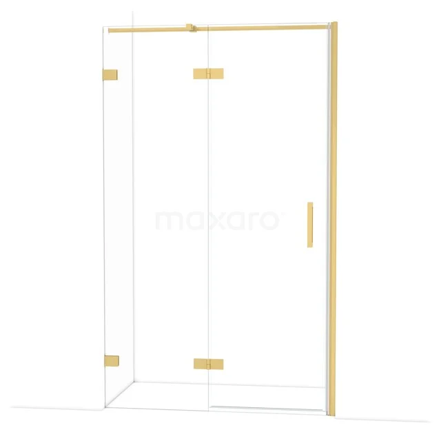 Goldene Duschwand mit Glasplatten, rahmenloses Design und luxuriöse Ausstrahlung, ideal für ein modernes Badezimmer.