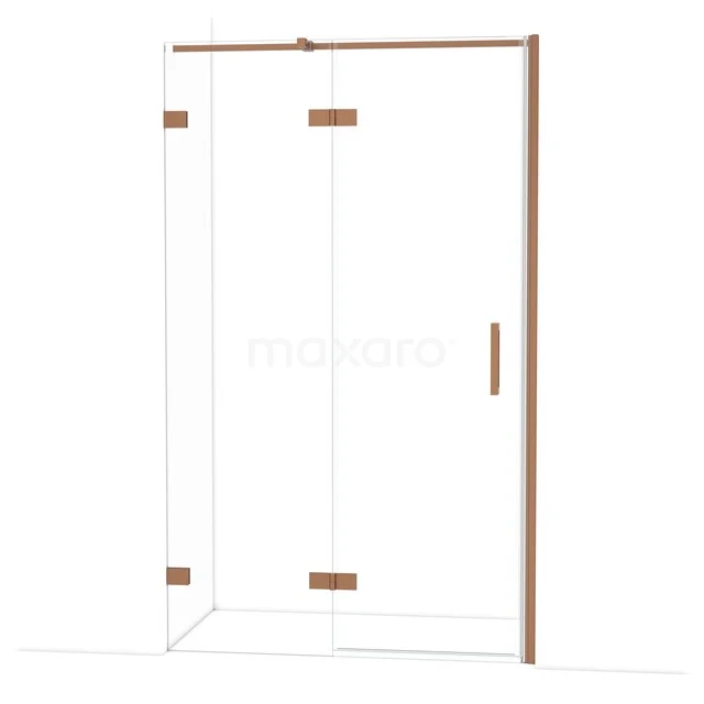 Douchecabine met glazen wanden, koperen accenten en strakke lijnen. Modern badkamerdesign met luxe uitstraling.