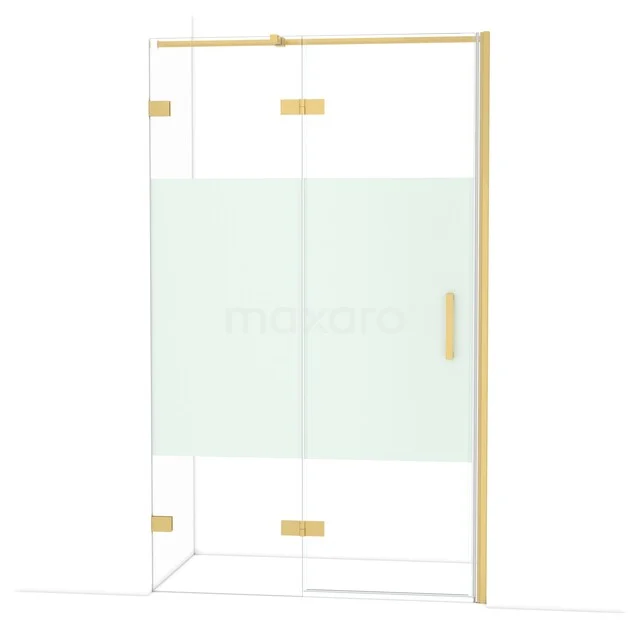 Shower wall with frosted glass detail, gold-coloured accents and sleek design. Ideal for a modern bathroom style.