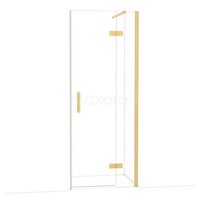 Goldene Duschtür mit Klarglas und Eckdesign, modern und stilvoll für ein luxuriöses Badezimmer.