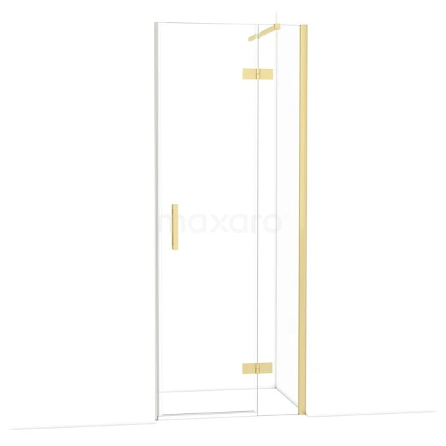 Glazen douchedeur met goudkleurige scharnieren en handgreep, modern design voor stijlvolle badkamers.