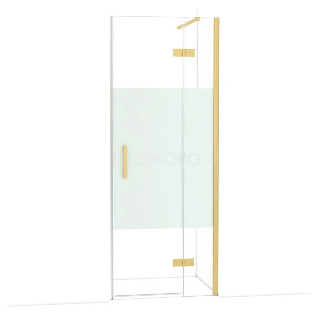 Glazen douchedeur met mat goudkleurige scharnieren en handgreep, moderne badkamerstijl, helder glas met een mat middenpaneel.