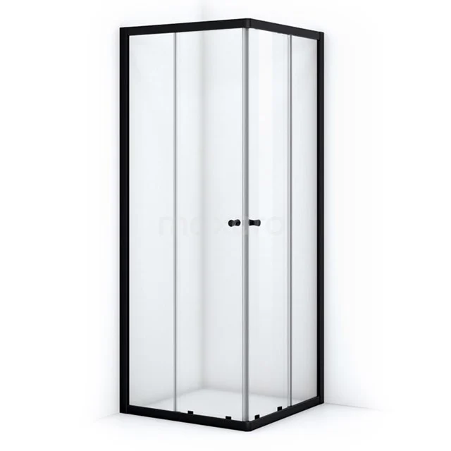 Eckige Duschkabine mit schwarzen Profilen, Klarglas und Schiebetüren, perfekte kompakte Lösung für jedes moderne Badezimmer.
