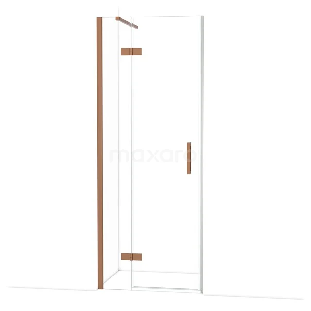 Glazen douchedeur met koperkleurige accenten, strak design en scharnieren, perfect voor een moderne badkamerstijl.