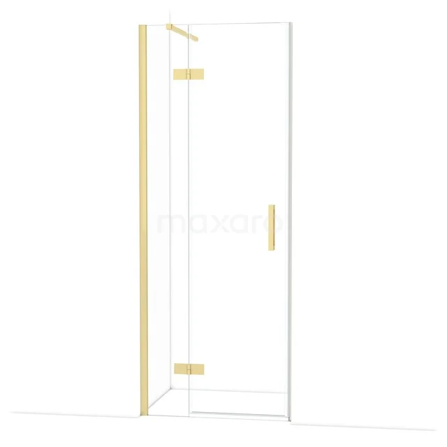 Glazen douchedeur met gouden scharnieren en handgreep, minimalistisch design voor een moderne badkamer.