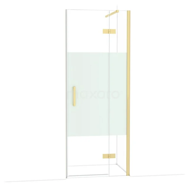 Glazen douchewand met goudkleurige scharnieren en handgreep, modern design voor een stijlvolle badkamer.