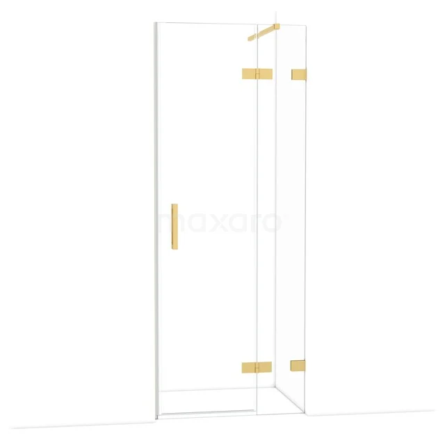 Glasene Duschtür mit goldenen Details, Drehmechanismus und minimalistischem Design für eine luxuriöse Ausstrahlung im Badezimmer.