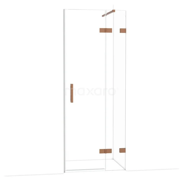 Glas Duschwand mit Tür, roségoldene Scharniere und Haltegriff, modernes Eckdesign für ein stilvolles Badezimmer.