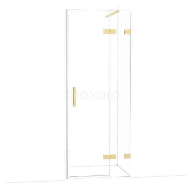 Glasene Duschtür mit goldfarbenen Scharnieren und Haltegriff, ideal für einen modernen Badezimmerstil.