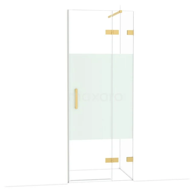Douchedeur met helder glas, goudkleurige scharnieren en matglas detail; modern ontwerp voor stijlvol badkamerinterieur.