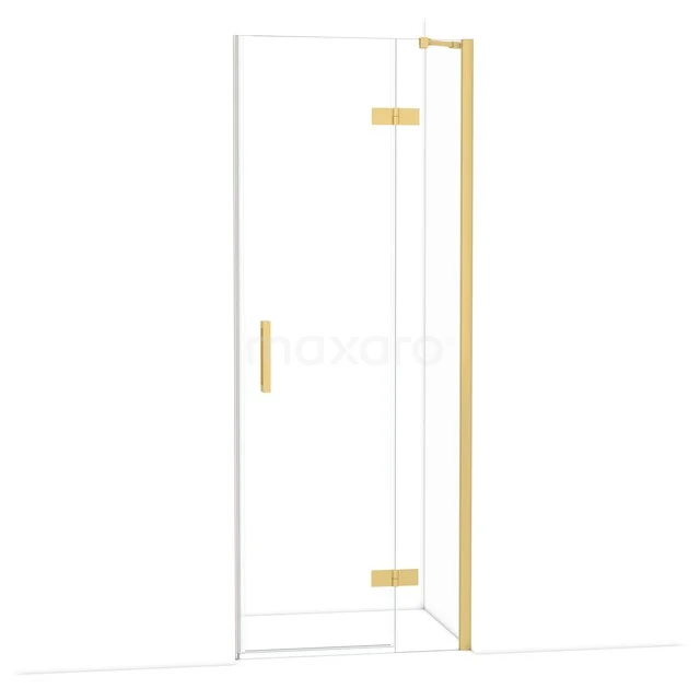 Glasdouchedeur mit goldfarbenem Rahmen und Scharnieren, elegantes Design perfekt für eine luxuriöse Badezimmer Einrichtung.