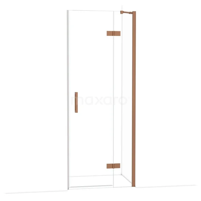 Glasbegehbare Dusche mit transparenter Wand, Messingakzenten und klarem Design; perfekte Ergänzung zu einem modernen Badezimmer.