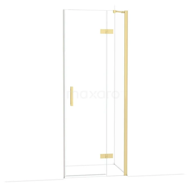 Duschtür mit goldenen Akzenten, klaren Glasplatten und schlankem Design, ideal für einen modernen Badezimmerstil.