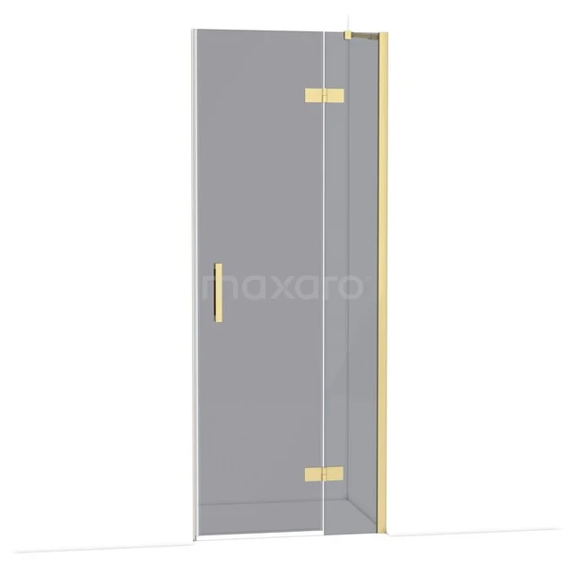 Douchedeur met goudkleurige accenten, helder glas en metalen handgreep, geschikt voor moderne badkamerinrichting.