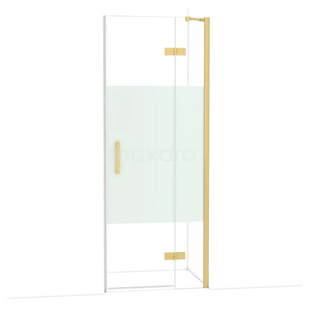 Glazen douchedeur met gouden afwerkingen, mat wit detail en moderne badkamerstijl.