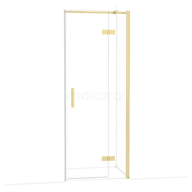 Glas Duschtür mit Eckaufstellung, goldfarbene Scharniere und Haltegriff, perfekt für einen luxuriösen Badezimmerstil.