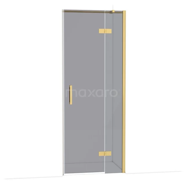 Glas-Duschscreen mit goldenen Scharnieren und Haltegriff, schlankes Design für moderne Bäder.