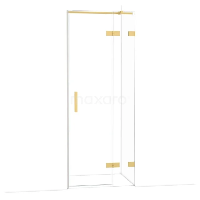 Glasduschtür mit goldenen Scharnieren und Haltegriff, geeignet für moderne Bäder, stilvolles und elegantes Design.