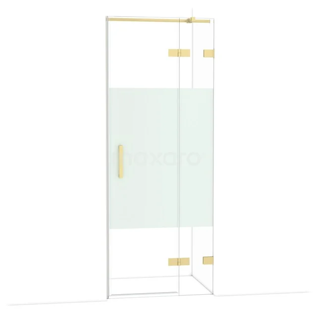 Glas Duschtür mit matten Gold Scharnieren und Haltegriff, teilweise Mattglas, ideal für moderne Badezimmerstile.