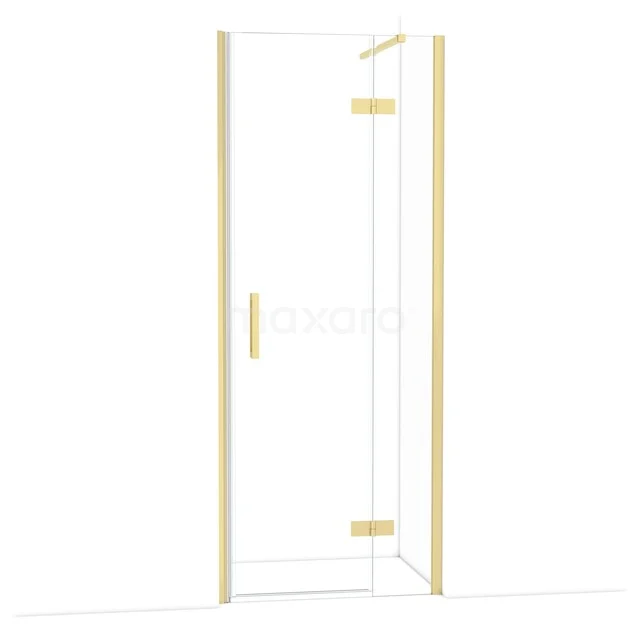 Goldene Duschtür mit Klarglas und Scharnierdesign, perfekt für eine moderne Badezimmergestaltung.