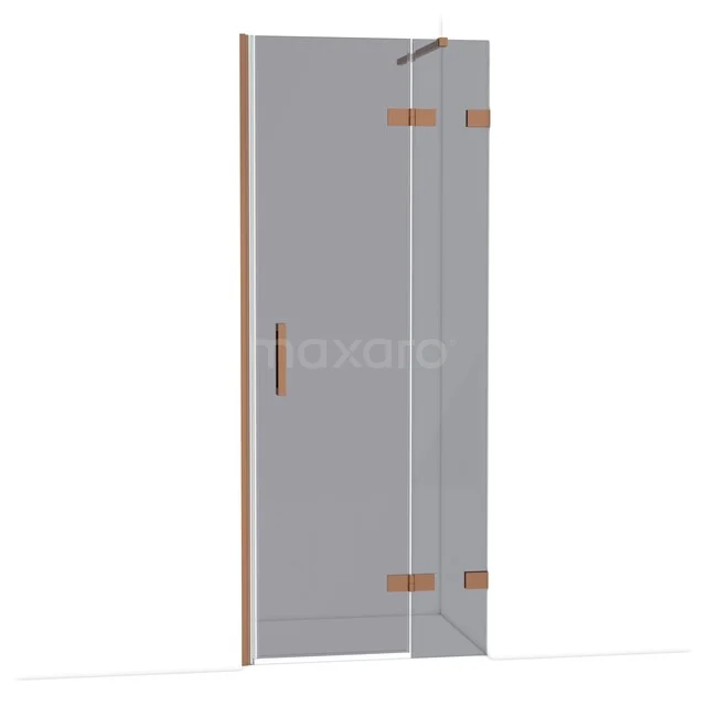 Douchedeur met helder glas, gouden scharnieren en houten handgreep, ideaal voor een moderne badkamer uitstraling.