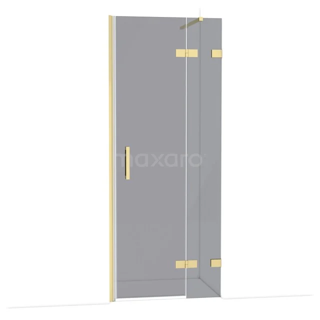 Glazen douchedeur met goudkleurige scharnieren en handgreep, modern design; ideaal voor een luxe badkamerinrichting.