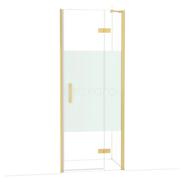 Glasene Eck-Duschkabine mit goldenen Akzenten, transparent mit mattem Mittelteil; stilvolle Ergänzung zu modernen Bädern.