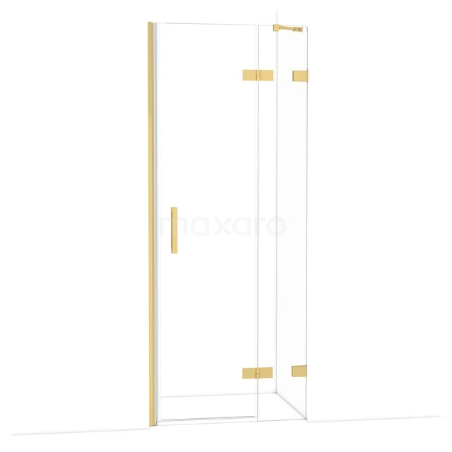 Glazen douchedeur met goudkleurige scharnieren en handgreep, ideaal voor moderne badkamers met een luxe uitstraling.
