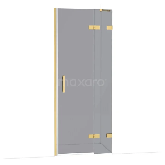 Glasene Duschtür mit goldfarbenen Scharnieren und Haltegriff, luxuriöses Design für moderne Bäder.