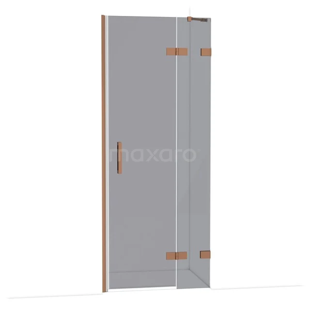 Glasene Duschtür mit transparentem Design, Holz Haltegriff und roségold Scharniere, ideal für ein modernes Badezimmer.