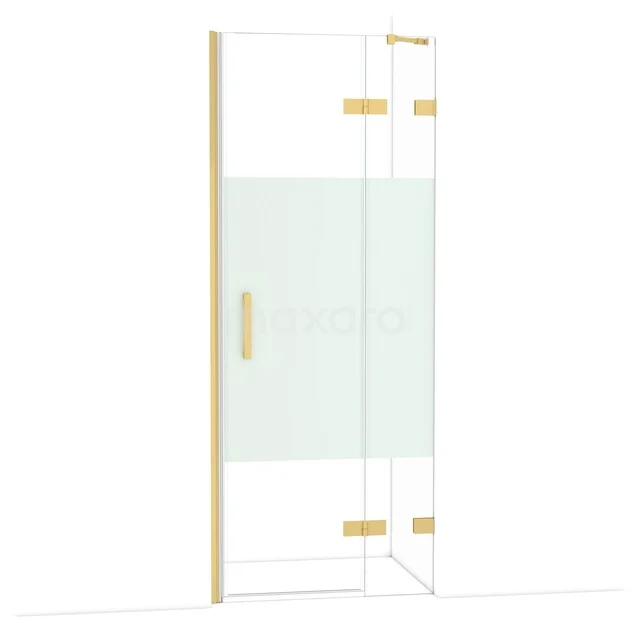 Glazen douchedeur met goudkleurige scharnieren en matglas detail, ideaal voor een stijlvolle en moderne badkamer.