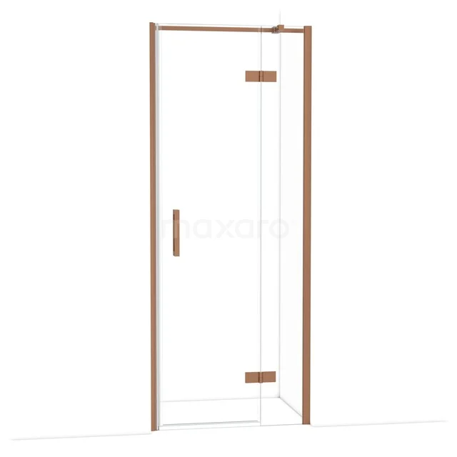 Glazen douchedeur met hoekontwerp, goudkleurige accenten en strak profiel, perfect voor een stijlvolle badkamerinrichting.