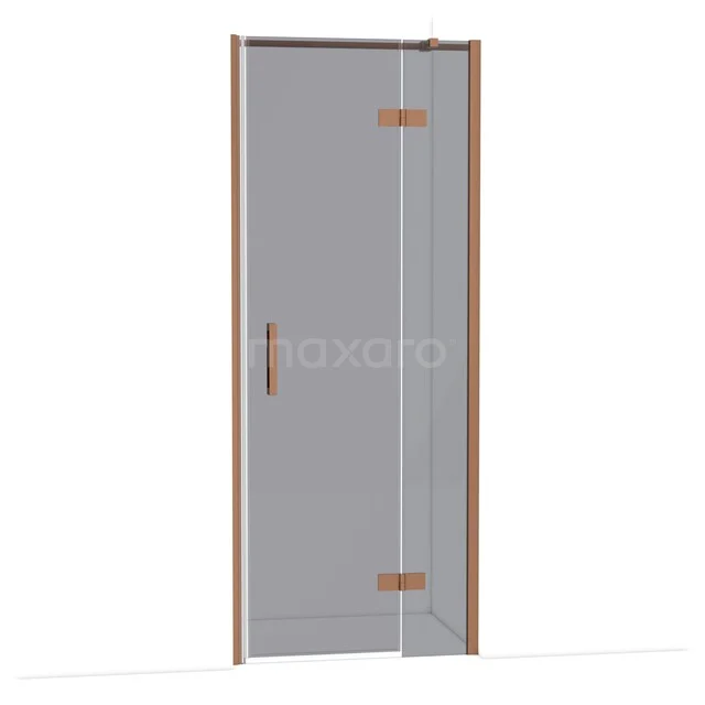 Douchedeur met mat glazen paneel, houten frame en minimalistisch design voor moderne badkamers.