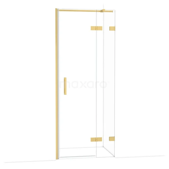 Glazen douchedeur met gouden scharnieren en handgreep, luxe design voor stijlvolle badkamers.