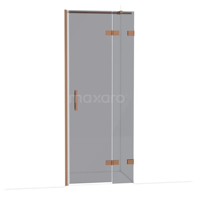 Glasdouchedeur mit matt schwarzem Haltegriff, Holzrahmung und modernem Design, ideal für ein stilvolles Badezimmer.