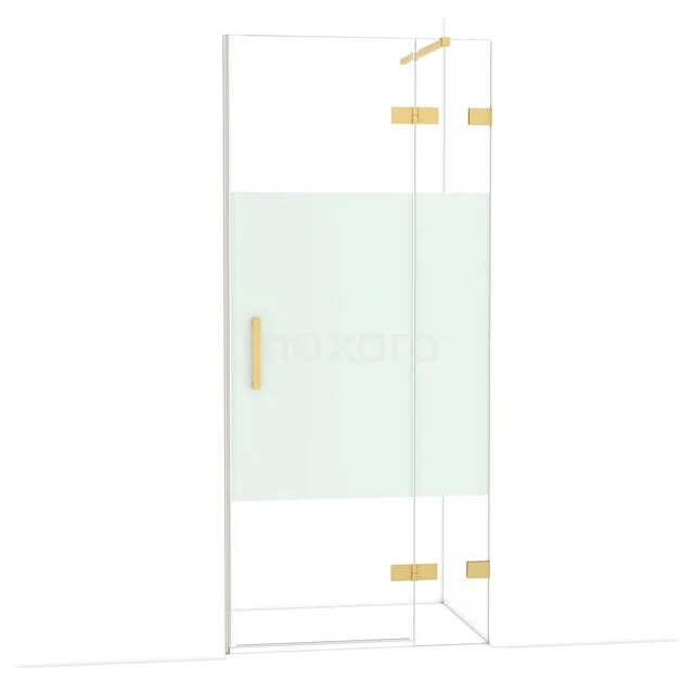 Diamond Shower door | 90 cm Gold Clear with matt strip Pivot door DDB22361123GG Glazen douchedeur met matte strip en messing scharnieren, ideaal voor een moderne badkamer.