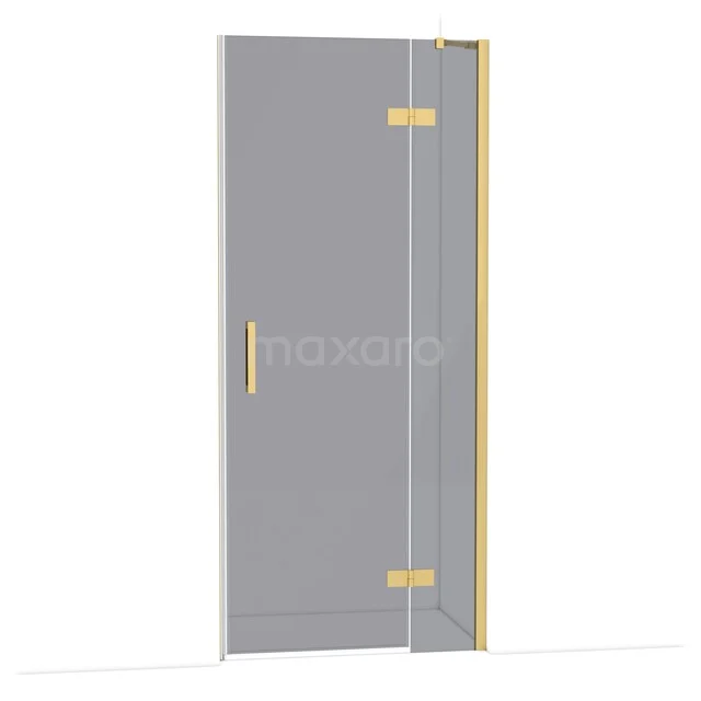 Graue Glastür für die Dusche mit goldfarbenen Scharnieren und Haltegriff, modernes Design für stilvolle Bäder.